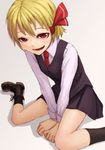  black_legwear blonde_hair blush boots bow grey_background hair_bow kurione_(zassou) long_sleeves looking_at_viewer looking_up necktie open_mouth red_eyes red_neckwear rumia shirt short_hair simple_background sitting skirt skirt_set smile socks solo touhou vest white_shirt 