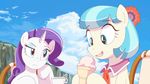  animated blinking blue_eyes chair cloud coco_pommel_(mlp) cup deannart duo eating equine eyes_closed female friendship_is_magic fur hair horn horse ice_cream licking mammal my_little_pony outside pony purple_hair rarity_(mlp) sitting sky table tea tongue two_tone_hair unicorn white_fur 