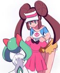  brown_hair dress gen_3_pokemon kirlia long_hair mei_(pokemon) no_legwear pokemon pokemon_(creature) pokemon_(game) pokemon_bw2 sho-n-d simple_background smile twintails white_background 