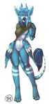  4_toes alivia anthro avian beak bird blue_eyes blue_feathers blue_hair blue_nipples bottomless breasts feathers female fur gryphon hair long_hair looking_at_viewer maxxmissions navel nipples plain_background pussy solo standing toes tuft white_background wings 