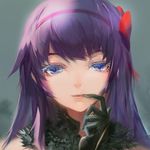  akuma_homura akuma_homura_(cosplay) bakemonogatari blackrabbitsoul blue_eyes bow cosplay face finger_to_mouth gloves hair_bow hairband long_hair mahou_shoujo_madoka_magica mahou_shoujo_madoka_magica_movie monogatari_(series) portrait purple_hair saitou_chiwa seiyuu_connection senjougahara_hitagi solo 