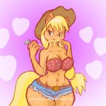  &lt;3 anthro apple applejack_(mlp) big_breasts blonde_hair breasts cleavage clothed clothing cowboy_hat equine female freckles friendship_is_magic fruit green_eyes hair hat horse invalid_tag juice mammal my_little_pony pony scene_interpretation shorts solo weasselk wide_hips 