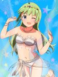  1girl ass_visible_through_thighs bangs blue_background blunt_bangs blush bracelet breasts collarbone dancer eyebrows_behind_hair frilled_bikini_top green_hair hair_ornament harem_outfit highres idolmaster idolmaster_million_live! ieyan jewelry leg_up long_hair navel necklace one_eye_closed open_mouth see-through shawl shimabara_elena small_breasts smile solo star starry_background strapless strapless_bikini thigh_gap thighs white_bikini_top 