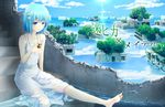  bare_shoulders barefoot blue_eyes blue_hair day dress hair_ornament hairclip jewelry locket necklace nnyara original overgrowth pendant post-apocalypse ruins short_hair sitting sky smile soaking_feet solo stairs water white_dress 
