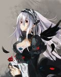  breasts cleavage dress flower frown gothic_lolita hairband highres lolita_fashion lolita_hairband long_hair medium_breasts orokanahime petals red_eyes rose rozen_maiden silver_hair simple_background solo suigintou tears wings 