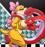  anthro blue_eyes blush bow breast_suck breastfeeding breasts dark_nek0gami female hair_bow half-closed_eyes kissing koopa koopalings lips lipstick mario_bros multi_head nintendo reptile scalie shell snake spikes sucking suckling tryclyde video_games wendy_o_koopa yellow_body 