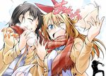  2girls baozi bibi black_hair blonde_hair blue_eyes closed_eyes d; eating food ichijou_raku kirisaki_chitoge multiple_girls nisekoi one_eye_closed onodera_kosaki open_mouth scarf school_uniform steam 