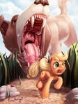  applejack_(mlp) arthropod blonde_hair canine cutie_mark dog equine female feral freckles friendship_is_magic fur grass green_eyes hair horse imminent_vore insect ladybug macro mammal micro my_little_pony open_mouth orange_fur outside pony ponythroat running saliva teeth tongue vorarephilia vore winona_(mlp) 