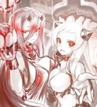  :d airfield_hime asymmetrical_docking battleship_hime black_hair breast_press breasts cleavage horns kantai_collection large_breasts long_hair looking_at_viewer monster multiple_girls okitakung oni_horns open_mouth pale_skin parted_lips red_eyes shinkaisei-kan smile spaghetti_strap white_hair 