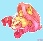  2014 blue_background cherry_jubilee_(mlp) creamydonuts duo equine female feral fluttershy_(mlp) friendship_is_magic fur hair half-closed_eyes horse long_hair long_tongue macro mammal micro my_little_pony open_mouth oral pink_hair plain_background pony saliva tongue vorarephilia vore yellow_fur 