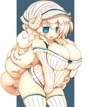  belly blonde_hair blue_background blue_eyes breasts cleavage curly_hair horns huge_breasts long_hair open_mouth original plump pointy_ears ribbed_sweater sakaki_(noi-gren) sheep_horns simple_background smile solo sweater thick_thighs thighhighs thighs very_long_hair 