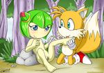  anthro blue_eyes butt canine cosmo_the_seedrian duo female flat_chested foot_fetish fox fur green_hair hair human_feet licking licking_foot male mammal miles_prower mobius_unleashed nipples nude plantigrade pussy sega sitting sonic_(series) straight toes tongue video_games young 