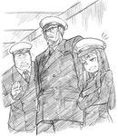  2boys admiral_(kantai_collection) anger_vein angry bad_id bad_pixiv_id beard crossed_arms facial_hair female_admiral_(kantai_collection) glasses greyscale grin hat kantai_collection long_hair military military_uniform monochrome multiple_boys scar sigh size_difference smile sweatdrop takatsu_keita uniform 