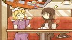  2girls akihiyo blonde_hair bow brown_eyes brown_hair cafe cake cherry closed_eyes cream cup dress food fruit hat hat_removed headwear_removed highres lamp maribel_hearn multiple_girls open_mouth outstretched_arms ribbon short_hair smile touhou trojan_green_asteroid usami_renko 
