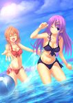  bad_id bad_pixiv_id ball beachball bikini blue_eyes closed_eyes ese_shinshi fang highres long_hair multiple_girls ocean one_eye_closed original purple_hair red_hair short_hair splashing swimsuit water 