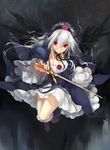  breasts cleavage dress feathers flower frills frown gothic_lolita hairband large_breasts lolita_fashion lolita_hairband long_hair orokanahime red_eyes rose rozen_maiden silver_hair solo suigintou sword weapon wings 