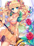  1girl blonde_hair blue_eyes blush bow bows breasts cleavage dress ells flower frills hair_ornament hair_ornaments jewelry long_hair looking_at_viewer necklace original rose roses smile solo staff twintails very_long_hair wings 