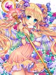  1girl blonde_hair blue_eyes blush bow bows dress ells flower frills hair_ornament hair_ornaments long_hair looking_at_viewer original smile solo staff twintails very_long_hair wings 