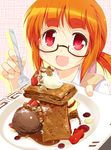  :d blush dessert food glasses happy ice_cream kuriyama_yumino mikuri_gakuen_sweets-bu mille-feuille open_mouth orange_hair plate ponytail porurin red_eyes short_hair smile solo spoon 