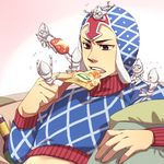  argyle argyle_sweater black_eyes eating food guido_mista gun hanaichi_(hana13) hat holding_pizza jojo_no_kimyou_na_bouken midriff pizza sex_pistols_(stand) slice_of_pizza stand_(jojo) sweater turtleneck weapon 