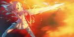  bad_id bad_pixiv_id charging energy energy_rings fingernails fire floating floating_object highres holding holding_sword holding_weapon jacket ladic long_hair looking_to_the_side miniskirt original red_eyes skirt solo stance sword thighhighs torn_clothes torn_legwear weapon 