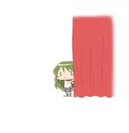  1girl bow chibi curtains green_hair long_hair lowres mahou_shoujo_madoka_magica o_o open_mouth school_uniform shizuki_hitomi simple_background skirt solo standing thighhighs white_background yoshiwo_(kanikama) 