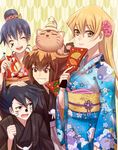  2girls black_hair blonde_hair brown_eyes brown_hair cat closed_eyes flower grin hair_bun hair_flower hair_ornament iochi_(kotan) japanese_clothes kimono long_hair manjoume_jun multiple_boys multiple_girls obi open_mouth pharaoh_(cat) saotome_rei sash smile snake tenjouin_asuka yagasuri yuu-gi-ou yuu-gi-ou_gx yuuki_juudai 