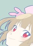  1girl absurdres black_outline blush bunny_hair_ornament commentary_request donguri_suzume fangs fangs_out green_background hair_ornament hat highres light_brown_hair looking_at_viewer natori_sana nurse_cap outline portrait red_eyes sana_channel simple_background smile solo 
