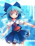  ascot blue_eyes blue_hair bow checkered checkered_background cirno gradient gradient_background hair_bow highres ice ice_wings looking_at_viewer nanahamu outstretched_arm puffy_short_sleeves puffy_sleeves short_hair short_sleeves skirt skirt_set smile solo star starry_background touhou wings 
