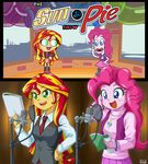  blue_eyes boots clothed clothing duo equestria_girls female green_eyes hair happy human jacket mammal my_little_pony necktie open_mouth pink_hair pinkie_pie_(eg) reading skirt sunset_shimmer_(eg) two_tone_hair uotapo vest 