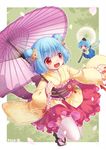  blue_hair dandelion_seed double_bun floral_print flower geta hair_bun hair_flower hair_ornament japanese_clothes kimono long_sleeves minigirl multiple_girls mushroom obi open_mouth oriental_umbrella original petals ponytail red_eyes sash smile thighhighs umbrella white_legwear wide_sleeves yui_(daijun) zettai_ryouiki 