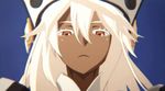  animated animated_gif dark_skin evil_smile guilty_gear guilty_gear_xrd hat mood_swing ramlethal_valentine screencap sharp_teeth smile solo teeth white_hair yellow_eyes 