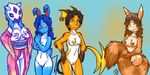  3_fingers 4_fingers anthro azumarill black_hair black_nose blink_(artist) blue_body blue_eyes blue_hair blue_nipples blue_pussy blush breast_grab breasts brown_eyes brown_fur brown_hair brown_nipples eye_contact female froslass fur furret green_eyes group hair hat japanese_clothing kimono long_hair looking_at_viewer mask nintendo nipples nude orange_fur pink_nipples pok&#233;mon pok&#233;morph pok&eacute;mon pok&eacute;morph pussy raichu short_hair small_breasts smile standing video_games white_body white_fur yellow_pussy 