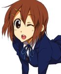  1girl bent_over brown_eyes brown_hair bust female hair_between_eyes hair_ornament hairclip hirasawa_yui isorashi k-on! looking_at_viewer open_mouth school_uniform short_hair simple_background smile solo uniform upper_body white_background wink 