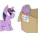  box cardboard_box dragon duo equine eyes_closed female friendship_is_magic fur hair horn horse karpet-shark male mammal my_little_pony plain_background pony purple_fur reptile scalie sign simple_background spike_(mlp) tongue tongue_out twilight_sparkle_(mlp) two_tone_hair unicorn white_background young 