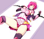  arm_guards bad_id bad_pixiv_id bdsm black_legwear bondage bound chain chained cinderella_(cinderella_blade) cinderella_blade cuffed head_tilt knee_pads knee_up kyokucho lying on_back pink_eyes pink_hair pink_skirt pleated_skirt restrained short_hair shoulder_plates skirt solo thighhighs thighs tiara 