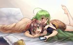  :d ahoge ass bangs barefoot black_shirt blue_eyes blush brown_shorts bush cellphone commentary english_commentary eyelashes green_hair hair_between_eyes hair_ornament hairclip highres holding holding_phone leg_up long_bangs looking_at_viewer lying on_bed on_stomach open_mouth original phone pillow reef round_teeth shirt short_hair shorts smartphone smile stuffed_animal stuffed_toy teddy_bear teeth yellow_eyes yuri 