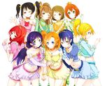  ;) ;d ayase_eli belt black_hair blonde_hair blue_eyes blue_hair blue_skirt blush brown_hair buckle collarbone commentary cowboy_shot detached_sleeves everyone frills green_eyes hand_on_another's_shoulder head_tilt highres holding_hands hoshizora_rin jewelry juliet_sleeves koizumi_hanayo kousaka_honoka kyokucho leaning_forward long_sleeves love_live! love_live!_school_idol_project low_twintails midriff minami_kotori multiple_girls music_s.t.a.r.t!! navel necklace nishikino_maki one_eye_closed one_side_up open_hand open_mouth orange_eyes orange_hair pendant pink_skirt pleated_skirt ponytail puffy_sleeves purple_eyes purple_hair red_eyes red_hair short_hair single_bare_shoulder single_detached_sleeve skirt smile sonoda_umi standing thighs tiara toujou_nozomi twintails two_side_up white_background yazawa_nico yellow_skirt 