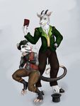  anthro clothing duo hair hat hooves horn looking_at_viewer magic magician male mammal marsupial mountain_goat open_mouth opossum plain_background rodent smile top_hat 