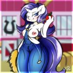  anthro anthrofied apple blue_eyes blush breasts clothing ep777 equine female friendship_is_magic fruit fur hair horn horse looking_at_viewer mammal my_little_pony overalls pony purple_hair rarity_(mlp) smile solo unicorn white_fur 