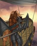  anthro breasts brown_fur brown_hair cloud dragon duo eliana-asato equine eyes_closed female from_behind fur furred_dragon grey_fur hair hi_res horn horse interspecies long_hair male mammal nipples penetration pussy romantic sex ship sky standing straight sunset wings 