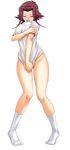  1girl artist_request blush bottomless breasts covered_nipples covering covering_crotch erect_nipples eyes_closed female headshop highres izayoi_aki long_image open_mouth photoshop red_hair shirt shirt_pull short_hair socks solo tall_image white_legwear white_socks yu-gi-oh! yuu-gi-ou_5d's 