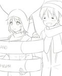  2girls =_= blush coat cyrillic eila_ilmatar_juutilainen flag greyscale hat lineart long_hair monochrome multiple_girls olympics russian sanya_v_litvyak short_hair smile strike_witches uncolored world_witches_series youkan 