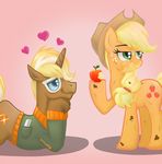  apple applejack_(mlp) blonde_hair bottomless brown_fur clothing cowboy_hat cutie_mark dirty duo elenalone equine eyewear female freckles friendship_is_magic fruit fur glasses green_eyes hair hat horn horse juice love_heart male mammal my_little_pony orange_fur pony purple_eyes shirt trenderhoof_(mlp) unicorn 