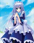  blue_eyes blue_hair hands_clasped kannon_ouji long_hair maid original own_hands_together pantyhose solo 