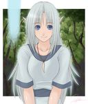  blue_eyes jewelry long_hair necklace original pointy_ears signature silver_hair smile solo tree yukihiro 