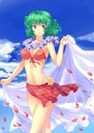  adapted_costume bad_id bad_pixiv_id bikini day flower front-tie_top green_hair kazami_yuuka lei petals pico_(picollector79) plaid red_eyes sarong sarong_removed short_hair solo swimsuit touhou white_sarong wreath 