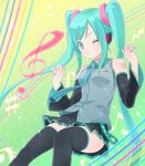 ama_mitsuki aqua_hair arms_up bad_id bad_pixiv_id blue_eyes detached_sleeves hatsune_miku highres long_hair musical_note necktie one_eye_closed skirt solo thighhighs twintails very_long_hair vocaloid 