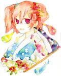  colorful highres legomaru onozuka_komachi red_eyes red_hair scythe short_hair solo touhou traditional_media two_side_up watercolor_(medium) 