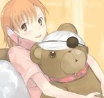  :d blush brown_eyes brown_hair cellphone eyepatch misaka_mikoto open_mouth phone smile solo stuffed_animal stuffed_toy teddy_bear to_aru_majutsu_no_index yana 